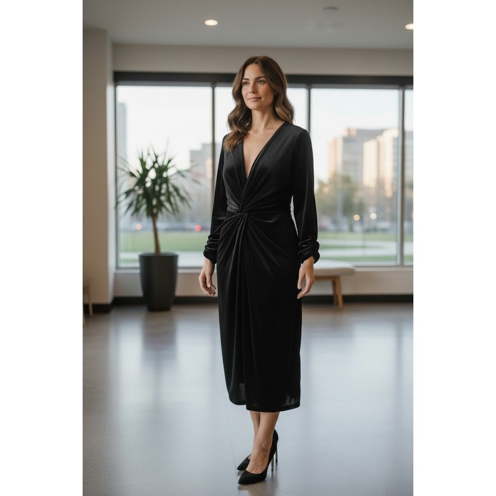 Tadashi Collection Black Velvet Twist Front V-Neck Midi Dress Long Sleeve Large
